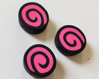 Black And Hot Pink Swirl Polymer Clay Coin Beads/ Set Of Three 15mm Handmade Pinwheel Beads/ Jewelry Supplies/ Round/ Circle Clay Beads