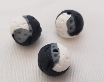 Black And White Round 12mm Polymer Clay Beads/ Set Of Three/ Textured Bead/ Swirl /Handmade Beads/ Jewelry Supplies/ Clay Beads