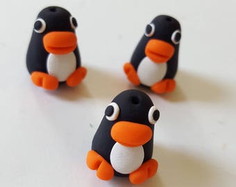 Penguin Beads/ Set Of Three 17mm Polymer Clay Penguins/ Handmade/ Jewelry Supplies/ Beads/ Animal Beads/ Crafts/ Beading