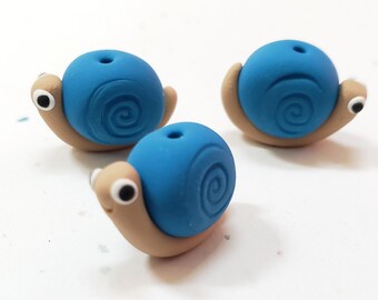 Snail Beads Blue And Tan / Set Of Three 13mm Handmade Polymer Clay Snails/ Jewelry Making Supplies/ Insect Beads/ Beading