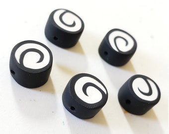 Black And White Swirl Polymer Clay Coin Beads/ Set Of Five 11mm Handmade Pinwheel Beads/ Jewelry Supplies/ Round/ Circle Clay Beads