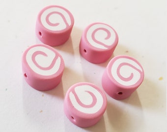 Rose And White Swirl Polymer Clay Coin Beads/ Set Of Five 11mm Handmade Pinwheel Beads/ Jewelry Supplies/ Round/ Circle Clay Beads