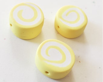 Lemon Yellow And White Swirl Polymer Clay Coin Beads/ Set Of Three 15mm Handmade Pinwheel Beads/ Jewelry Supplies/ Round/ Circle Clay Beads