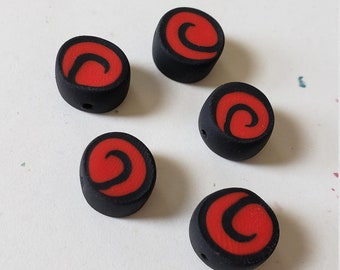 Black And Red Swirl Polymer Clay Coin Beads/ Set Of Five 11mm Handmade Pinwheel Beads/ Jewelry Supplies/ Round/ Circle Clay Beads