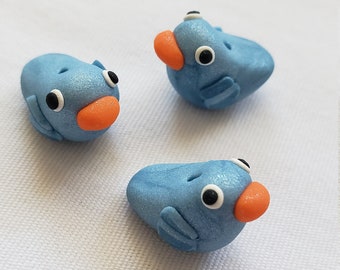 Blue Bird Beads/ Set Of Three 15mm Blue Shimmer Polymer Clay Birds/ Handmade/ Jewelry Supplies/ Bead/ Animal Beads/ Crafts/ Beading