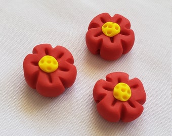 Flower Beads/ Red And Yellow/ Set Of Three 15mm Polymer Clay Flowers/ Handmade/ Jewelry Supplies/ Craft Beads/ Beading