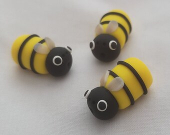 Bumble Bee Beads/ Set Of Three/ 19mm Handmade Polymer Clay Bees/ Jewelry Supplies/ Beads/ Yellow And Black/ Beading