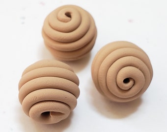 Tan Round Polymer Clay Coil Beads/ Set Of Three 15mm Handmade Beads/ Jewelry Supplies/ Sculpey Clay Beads