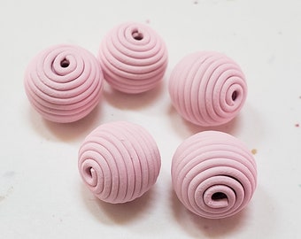 Pink Round Polymer Clay Coil Beads/ Set Of Five 10mm Handmade Beads/ Jewelry Supplies/ Sculpey Clay Beads