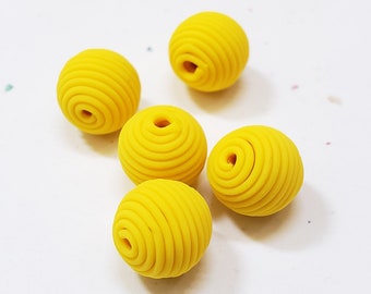 Yellow Round Polymer Clay Coil Beads/ Set Of Five 10mm Handmade Beads/ Jewelry Supplies/ Sculpey Clay Beads