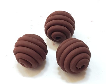 Coffee Brown Round Polymer Clay Coil Beads/ Set Of Three 15mm Handmade Beads/ Jewelry Supplies/ Sculpey Clay Beads