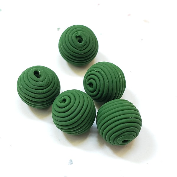 Green Round Polymer Clay Coil Beads/ Set Of Five 10mm Handmade Beads/ Jewelry Supplies/ Sculpey Clay Beads