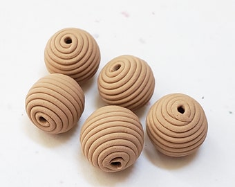 Tan Round Polymer Clay Coil Beads/ Set Of Five 10mm Handmade Beads/ Jewelry Supplies/ Sculpey Clay Beads