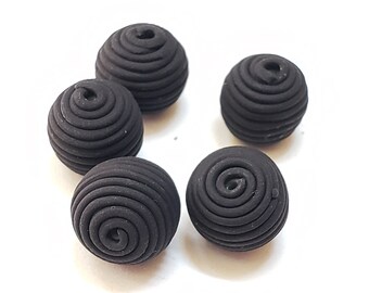 Black Round Polymer Clay Coil Beads/ Set Of Five 10mm Handmade Beads/ Jewelry Supplies/ Sculpey Clay Beads