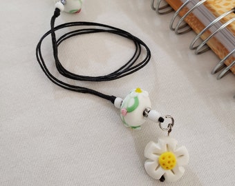 White Flower Beaded Bookmark/ Glass Beaded Cotton Cord With Polymer Clay Charm /Flowers /Gift Idea For Readers/ Book Lovers/ Journal Writers