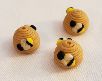 Beehive And Bees Beads/ Set Of Three 11mm Handmade Polymer Clay Beehives With Bees/ Sculpey Beads/Jewelry Supplies/ Insect Beads/ Beading