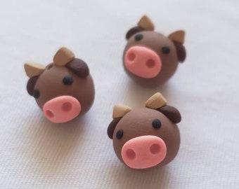 Cow Beads/ Set Of Three 13mm Polymer Clay Handmade Cow Heads/Brown Cows/Farm Animals/Animal Beads/Jewelry Supplies/ Crafts/ Beading