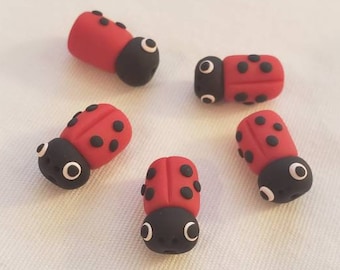 Ladybug Beads/ Set Of Five/ 16mm/Polymer Clay/ Handmade/ Jewelry Supplies/ Small Beads/ Red And Black/ Ladybugs/ Ladybirds/ Beading