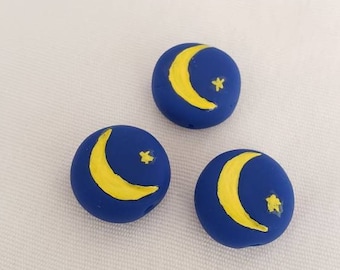 Moon And Star Polymer Clay Coin Beads/ Set Of Three 15mm Handmade Beads/Moons/ Celestial/ Jewelry Supplies/ Round Clay Beads