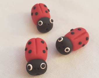 Ladybug Beads/ Polymer Clay/ Set Of Three 19mm Ladybugs/ Handmade/ Jewelry Supplies/ Beads/ Red And Black/ Ladybirds/ Beading