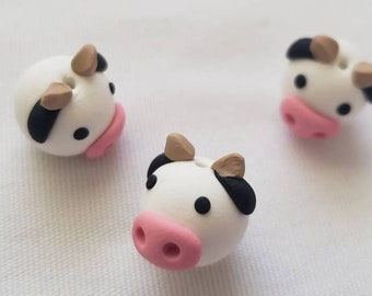 Cow Beads/ Set Of Three 13mm Polymer Clay Handmade Cow Heads/Black And White Cows/FarmAnimals/Animal Beads/Jewelry Supplies/ Crafts/ Beading