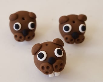 Beaver Beads/ Set Of Three 12mm Polymer Clay Handmade Beaver Heads/ Brown Beavers/ Animals/ Animal Beads/Jewelry Supplies/ Crafts/ Beading