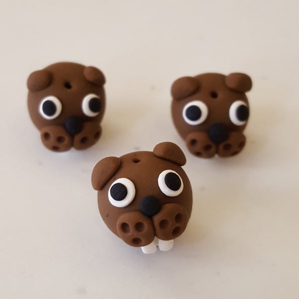 Beaver Beads/ Set Of Three 12mm Polymer Clay Handmade Beaver Heads/ Brown Beavers/ Animals/ Animal Beads/Jewelry Supplies/ Crafts/ Beading