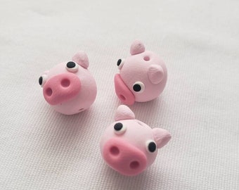 Pig Beads/ Set Of Three 13mm Polymer Clay Handmade Piggie Heads/ Pink Pigs/ Farm Animals/ Jewelry Supplies/ Crafts/ Beading