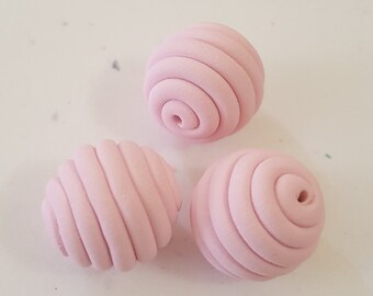 Pink Round Polymer Clay Coil Beads/ Set Of Three 16mm Handmade Beads/ Jewelry Supplies/ Sculpey Clay Beads