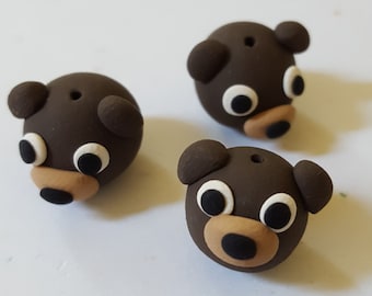 Teddy Bear Beads/ Set Of Three 12mm Polymer Clay Handmade Bear Heads/ Brown Bears/ Animals/ Animal Beads/Jewelry Supplies/ Crafts/ Beading