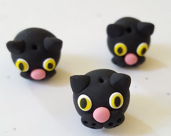 Black Cat Beads/ Set Of Three 13mm Polymer Clay Handmade Kitty Heads/ Black Cats/ Animals/ Jewelry Supplies/ Halloween Crafts/ Beading