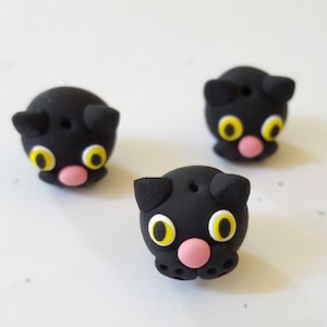 Black Cat Beads/ Set Of Three 13mm Polymer Clay Handmade Kitty Heads/ Black Cats/ Animals/ Jewelry Supplies/ Halloween Crafts/ Beading