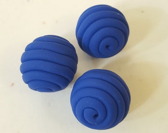 Blue Round Polymer Clay Coil Beads/ Set Of Three 15mm Handmade Beads/ Jewelry Supplies/ Sculpey Clay Beads