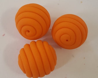 Orange Round Polymer Clay Coil Beads/ Set Of Three 15mm Handmade Beads/ Jewelry Supplies/ Sculpey Clay Beads