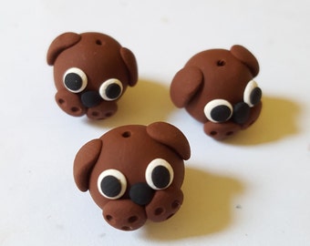 Dog Beads/ Set Of Three 12mm Polymer Clay Handmade Puppy Heads/ Brown Dogs/ Animals/ Animal Beads/Jewelry Supplies/ Crafts/ Beading