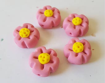 Flower Beads/ Rose Pink And Yellow/ Set Of Five 12mm Polymer Clay Flowers/ Handmade/ Jewelry Supplies/ Craft Beads/ Beading