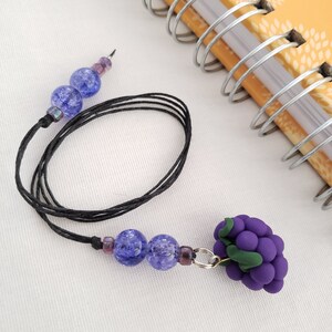 Purple Grapes Bookmark: Glass Beaded Cotton Cord with Polymer Clay Charm