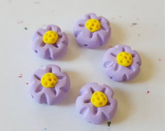 Flower Beads/ Lavender And Yellow/ Set Of Five 12mm Polymer Clay Flowers/ Handmade/ Jewelry Supplies/ Craft Beads/ Beading