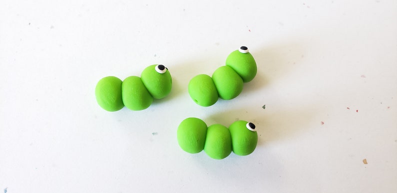 Caterpillar Beads/ Set Of Three 22mm Polymer Clay Green Caterpillars/ Handmade/ Jewelry Supplies/ Beads/ Worms/ Beading image 5