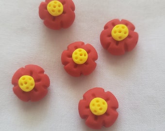 Flower Beads/ Red And Yellow/ Set Of Five 13mm Polymer Clay Flowers/ Handmade/ Jewelry Supplies/ Craft Beads/ Beading