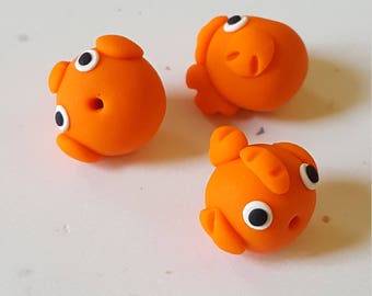 Goldfish Beads/ 13mm/ Set Of Three/ Handmade /Polymer Clay/ Jewelry Supplies/ Beads/ Fish/ Fishes/ Animal Beads/ Crafts/ Beading