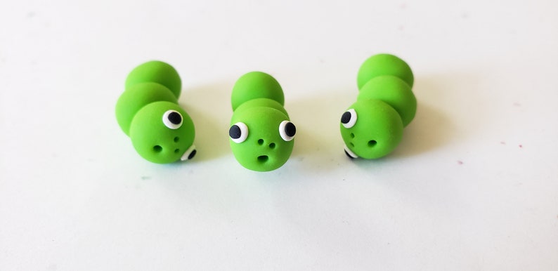 Caterpillar Beads/ Set Of Three 22mm Polymer Clay Green Caterpillars/ Handmade/ Jewelry Supplies/ Beads/ Worms/ Beading image 3