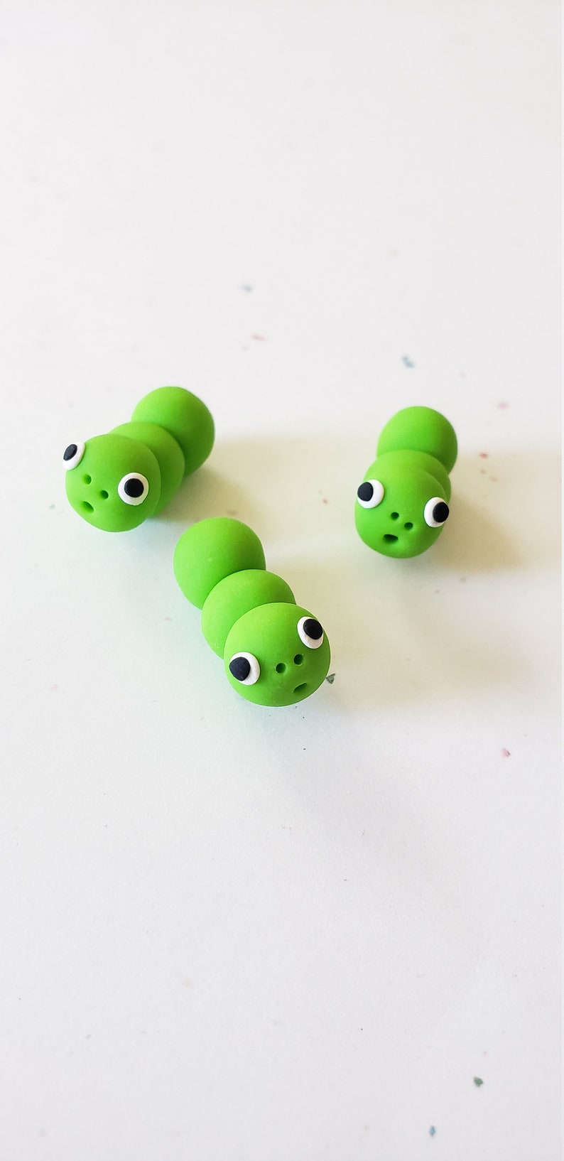 Caterpillar Beads/ Set Of Three 22mm Polymer Clay Green Caterpillars/ Handmade/ Jewelry Supplies/ Beads/ Worms/ Beading image 1