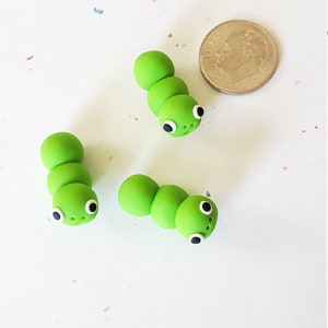 Caterpillar Beads/ Set Of Three 22mm Polymer Clay Green Caterpillars/ Handmade/ Jewelry Supplies/ Beads/ Worms/ Beading image 2