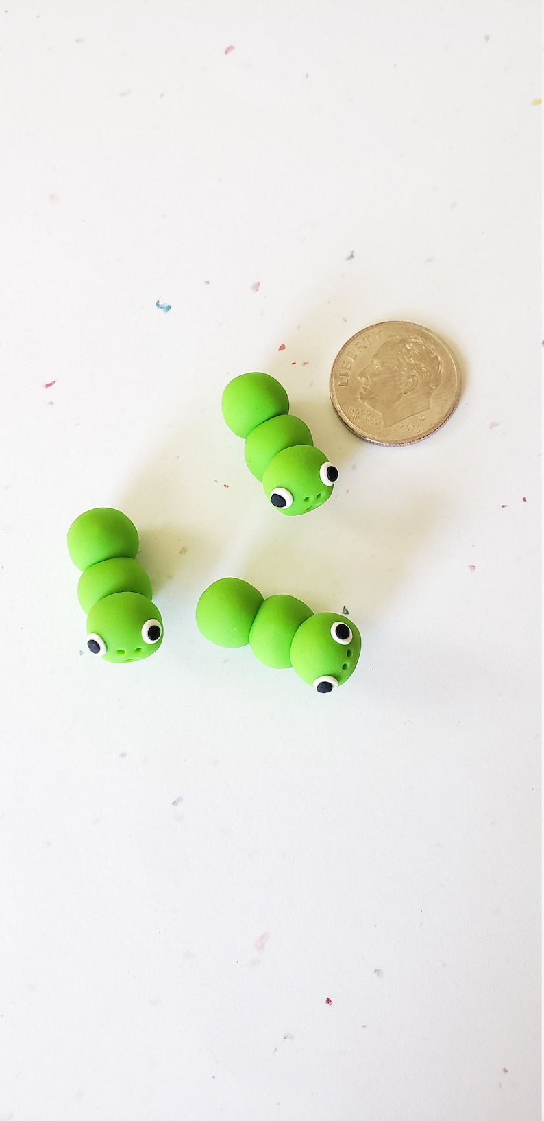 Caterpillar Beads/ Set Of Three 22mm Polymer Clay Green Caterpillars/ Handmade/ Jewelry Supplies/ Beads/ Worms/ Beading image 2