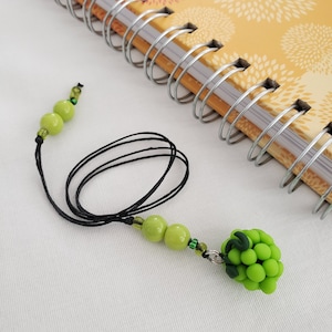 Green Grapes Beaded Bookmark: Polymer Clay Charm, Gift for Readers