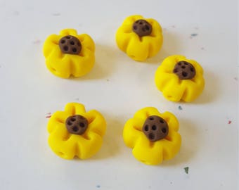 Flower Beads/ Yellow And Brown/ Set Of Five 12mm Polymer Clay Flowers/ Handmade/ Jewelry Supplies/ Craft Beads/ Beading