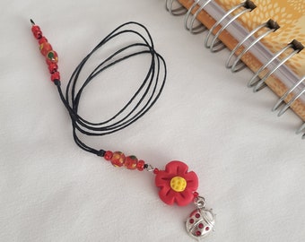 Ladybug Bookmark: Beaded Journal Marker with Polymer Clay Flower, Metal Charm