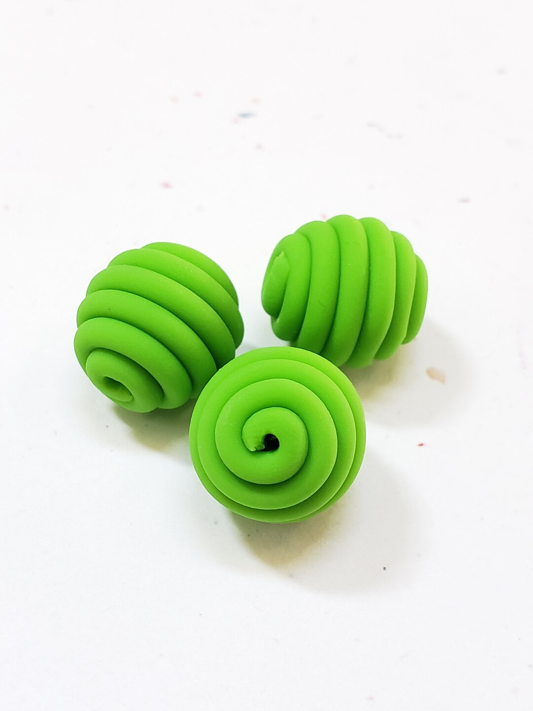 Light Green Round Polymer Clay Coil Beads/ Set of Three 15mm Handmade Beads/ Jewelry Supplies