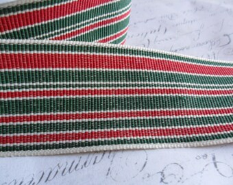 1.5  inch wide Twill Red, Green and Cream  Woven Striped Ribbon Trim